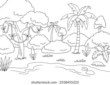 Jungle river rain forest graphic black white landscape sketch illustration vector 