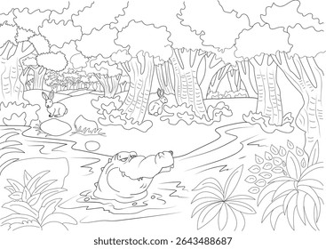 Jungle River Scene with Crocodile and Rabbits - Coloring Page, Black and white outline illustration of a jungle river scene, featuring a crocodile peeking from the water, two rabbits on the