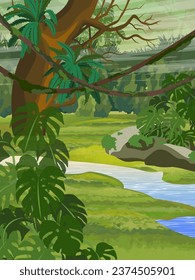 Jungle with a river. Tropical trees, creepers and epiphytic ferns of South American rainforests. Realistic vertical vector landscape