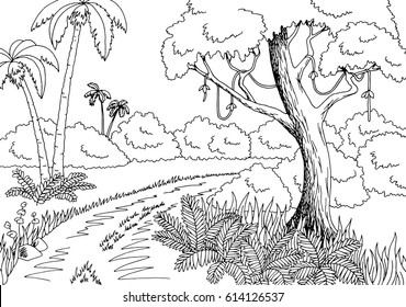 Jungle road graphic black white landscape sketch illustration vector