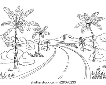 Jungle road graphic black white landscape sketch illustration vector