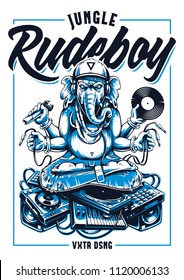 Jungle Rude Boy vector print design. Ganesha in snapback, jeans and headphones keeping microphone, vinyl record and wires in his hands sitting on a bunch of electronic musical devices. 
