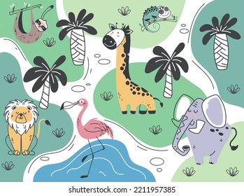 Jungle safari animal park map plan landscape africa graphic design illustration
