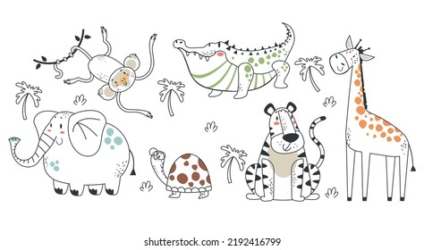 Jungle safari animals characters doodle line art style isolated set collection. Vector isolated graphic design illustration