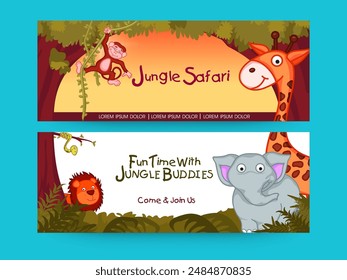 Jungle safari banner or header design, cartoon animals characters enjoying with buddies in two options.