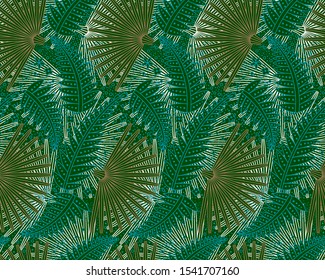 Jungle safari bushes foliage leaves background. Vector leaf seamless pattern.