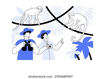 Jungle safari isolated cartoon vector illustrations. Young couple seeing monkeys in a jungle, tourism industry, travel agency business, adventure tour, people traveling vector cartoon.