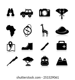 Jungle safari and travel icons black set with pioneer hat binoculars giraffe isolated vector illustration