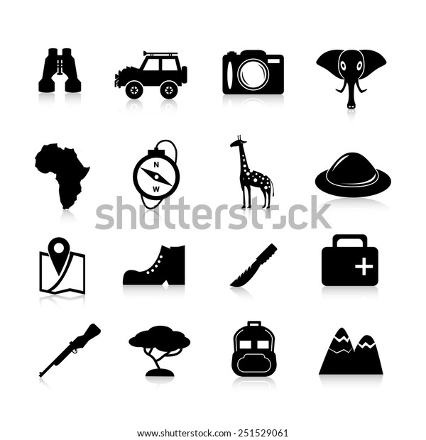 Jungle safari and\
travel icons black set with pioneer hat binoculars giraffe isolated\
vector illustration