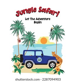 jungle, safari, t-shirt print, vector, boy t-shirt, animals, car, leopard, crocodile