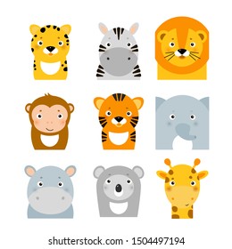 jungle safary animals icons, flat style with cute jungle animals