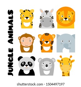 jungle safary animals icons, flat style with cute jungle animals