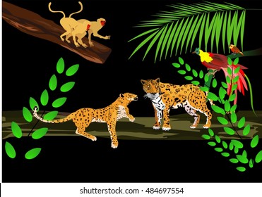 Jungle scene with and jaguars on tree and monkey on tree branch vector illustration
