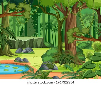 Jungle scene with liana and many trees illustration