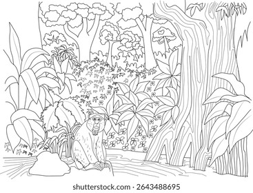 Jungle Scene Line Art with Monkey, Black and white line drawing perfect for coloring, depicting a vibrant jungle scene with a monkey sitting on a rock by the water, surrounded by trees and lush