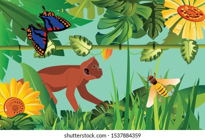 Jungle scene, monkey and tropical flora and fauna vector