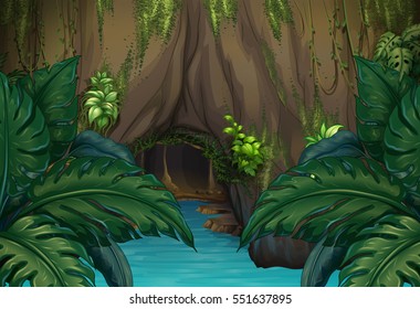 Jungle scene with river and cave illustration