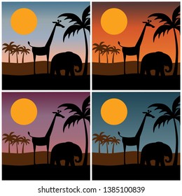 jungle scene silhouette with gradient sunset backgrounds