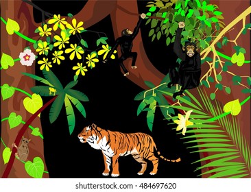 Jungle scene with tiger and chimpanzee vector illustration