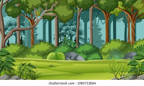 Jungle Scene With Various Forest Trees Illustration