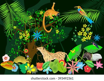 Jungle scene vector illustration, monkey,leopard jaguar, exotic animals and plants