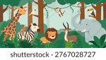 Jungle scene. Wild animals in forest. African wildlife with giraffe, elephant, lion, monkey, bird, zebra in tropical environment. Vector nature landscape.