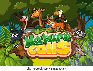 Jungle scene with word design for nature calls illustration
