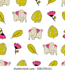 Jungle seamless background, Africa,  elephant, monstera  and tropical plants
