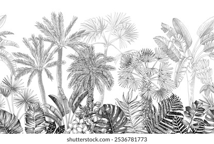 Jungle seamless border with palms and leaves