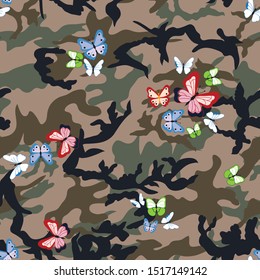 Jungle Seamless. Camouflage And Butterfly Pattern.