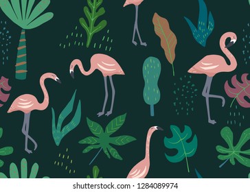 Jungle seamless pattern. Animal print with flamingo. Vector background
