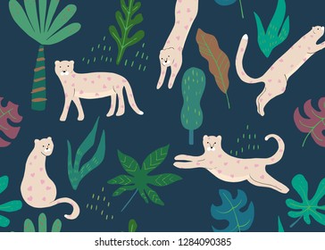 Jungle seamless pattern. Animal print with leopard. Vector background