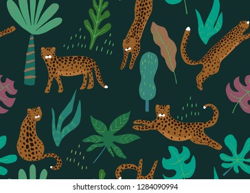 Dschungel nahtloses Muster. Tierdruck mit Leopard. Vektorhintergrund
