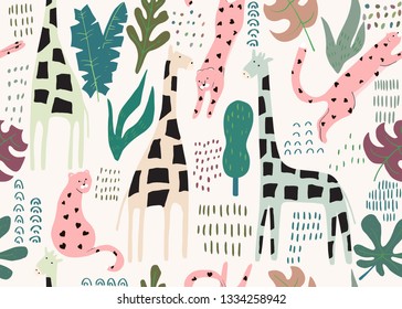 Patrón de jungla sin fisuras. Impresión animal con jirafa y leopardo rosa en los corazones. Fondo de verano. Ilustración del vector
