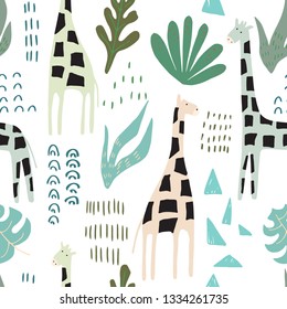 Jungle seamless pattern. Animal print with giraffe. Summer background. Vector illustration