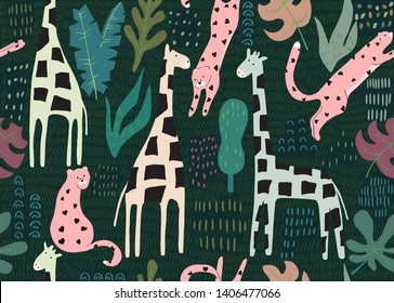 Jungle seamless pattern. Animal print with giraffe and pink leopard in hearts. Summer background. Vector illustration