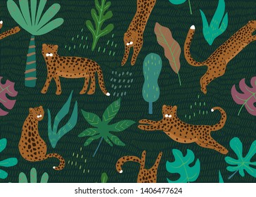 Jungle seamless pattern. Animal print with leopard. Vector background