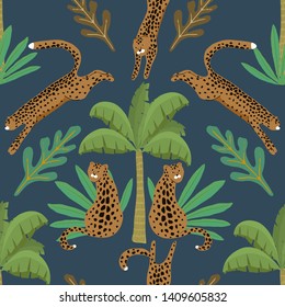 Jungle seamless pattern. Animal print with leopard. Summer background. Vector illustration