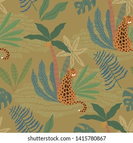 Jungle seamless pattern. Animal print with leopard. Vector background