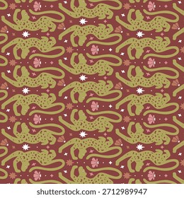 Jungle seamless pattern. Animal print with leopard. Cat background