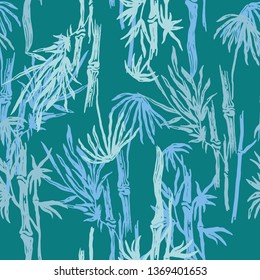 Jungle seamless pattern with bamboo trees. Cyan floral background. Colored tropical wallpaper, nature illustration for fabric, textile or prints - Vector