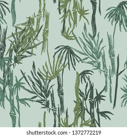 Jungle seamless pattern with bamboo trees. Cyan floral background. Colored tropical wallpaper, nature illustration for fabric, textile or prints - Vector