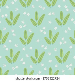 Jungle seamless pattern with banana leaves and flowers on light blue background. Perfect for wallpaper, gift paper, summer greeting cards. Vector illustration