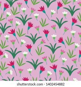 Jungle seamless pattern with blooming flowers and succulents on pink background. Perfect for summer greeting cards 