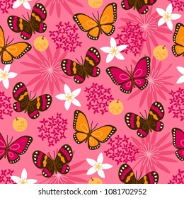 Jungle seamless pattern with butterflies, flowers, orange, palm leaves on pink background. Perfect for summer greeting cards 