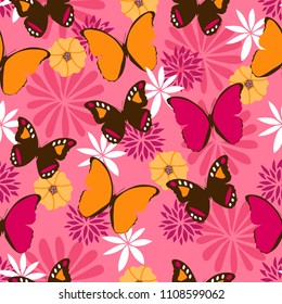 Jungle seamless pattern with butterflies on pink background