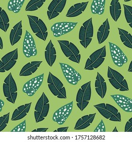 Jungle seamless pattern with caladium and palm leaves on green background. Perfect for wallpaper, gift paper, summer greeting cards. Vector illustration