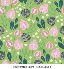 Jungle seamless pattern with calla, flowers, monstera and tropical leaves on green background. Perfect for wallpaper, gift paper, summer greeting cards. Vector illustration