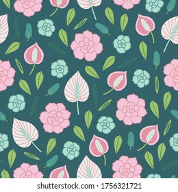 Jungle seamless pattern with calla, succulents, tropical leaves on dark green background. Perfect for wallpaper, gift paper, summer greeting cards. Vector illustration