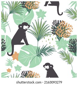 Jungle Seamless pattern  with cute monkey. Hand drawn vector illustration. For kids